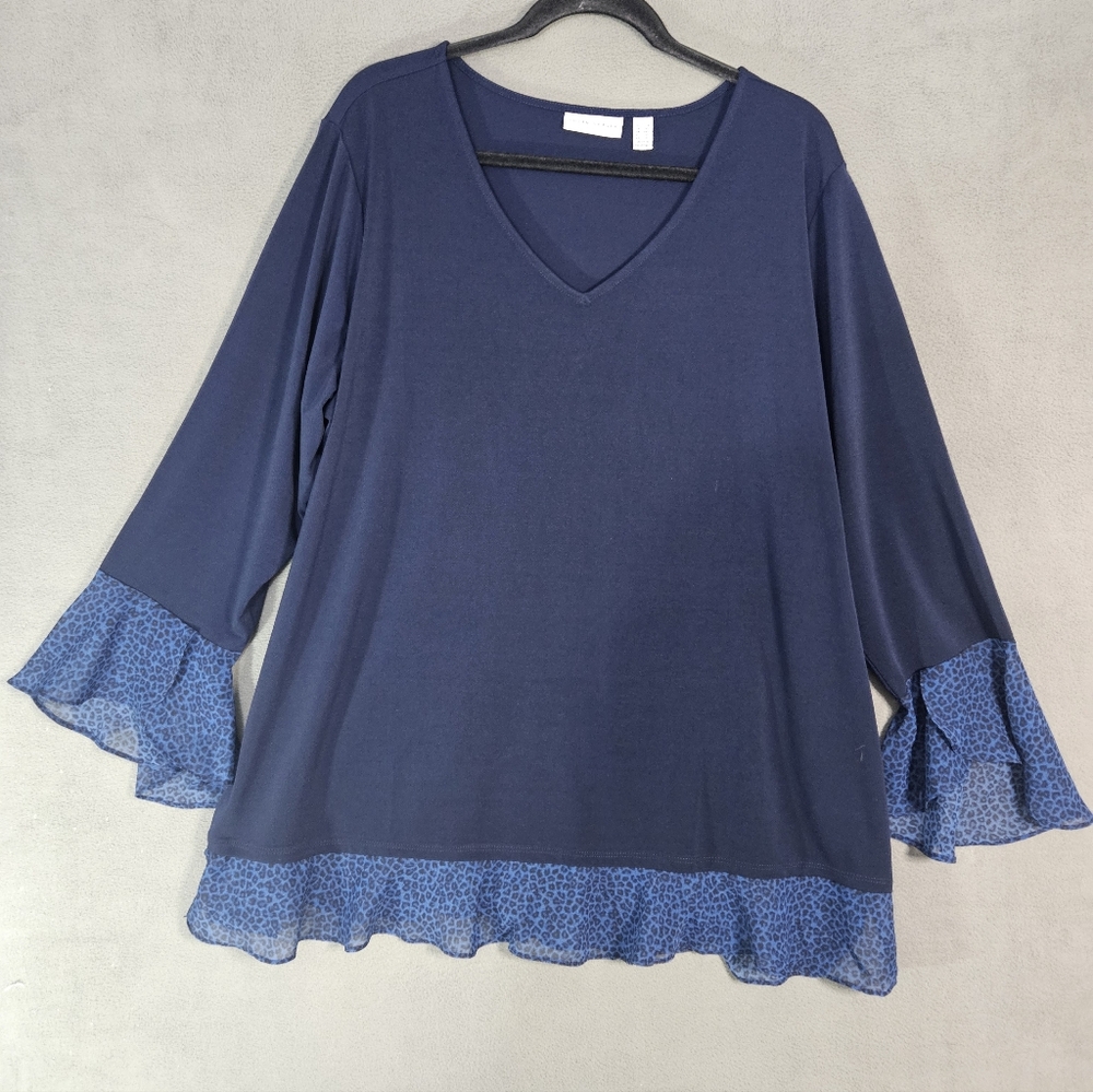 Susan Graver Womens Plus 2X  Vneck Shirt Stretch Navy Blue Cheetah Flare Sleeve